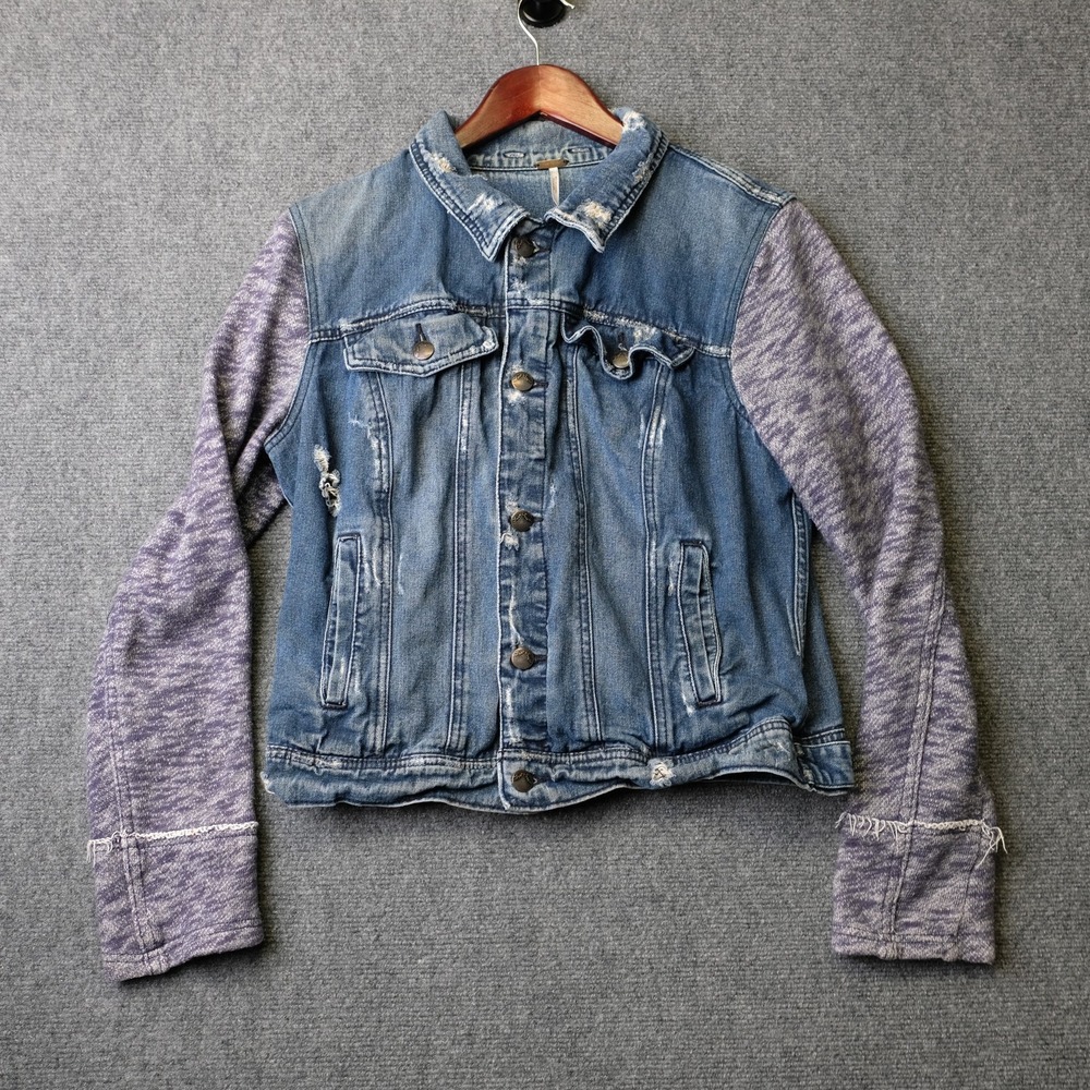 Free People Jacket Womens‎ L Blue Purple Denim Knit Sleeves Distressed Button